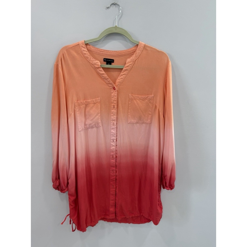 New Direction Ombre Tunic Top XL Coral Pink Button Front Roll Tab Sleeve Blouse